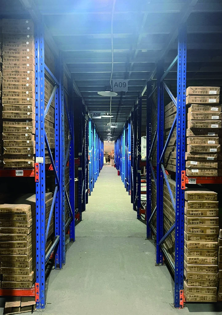 Storage racks in the YzzGarden warehouse