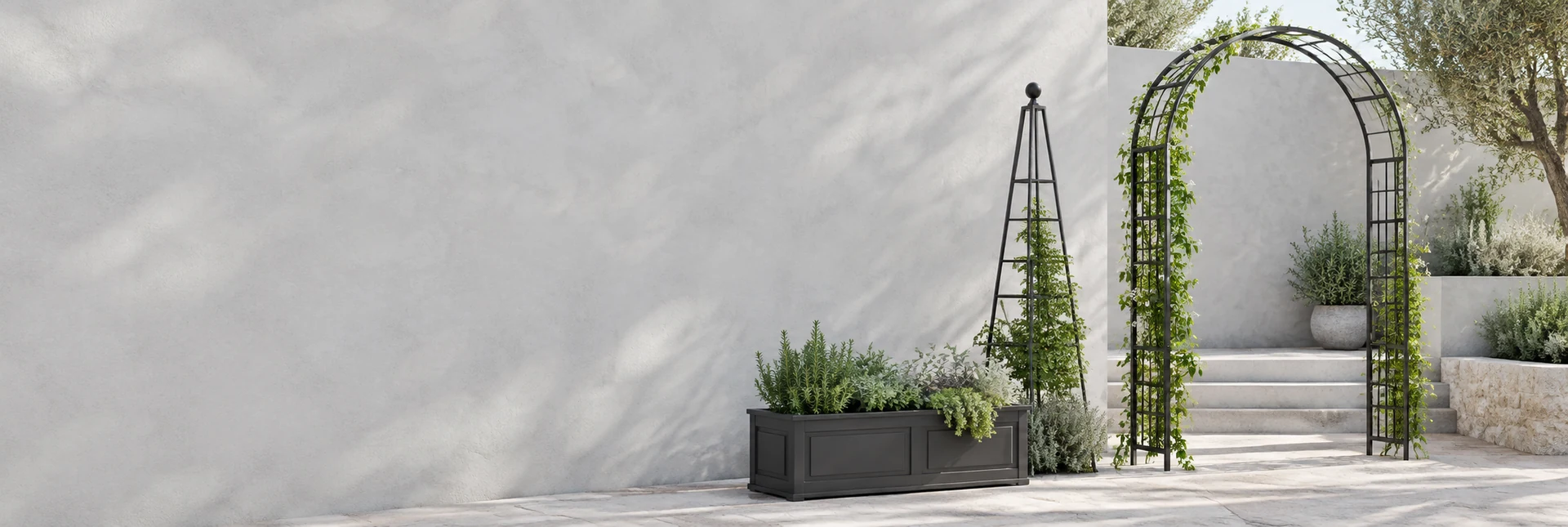 Illustrative YzzGarden-inspired courtyard with a garden arch, obelisk and planted bed