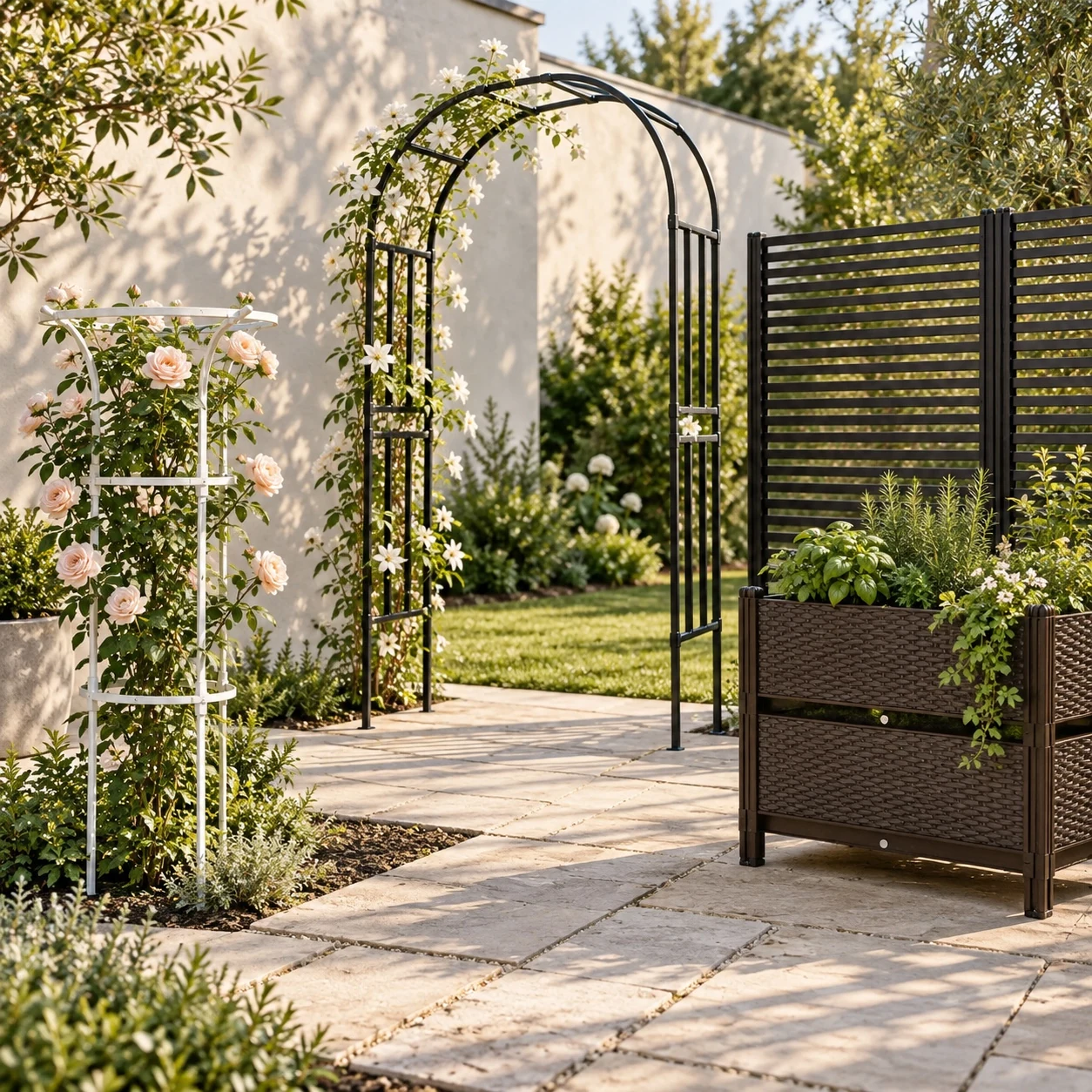 Illustrative American courtyard featuring a garden arch, umbrella flower stand, slatted screen and planting box