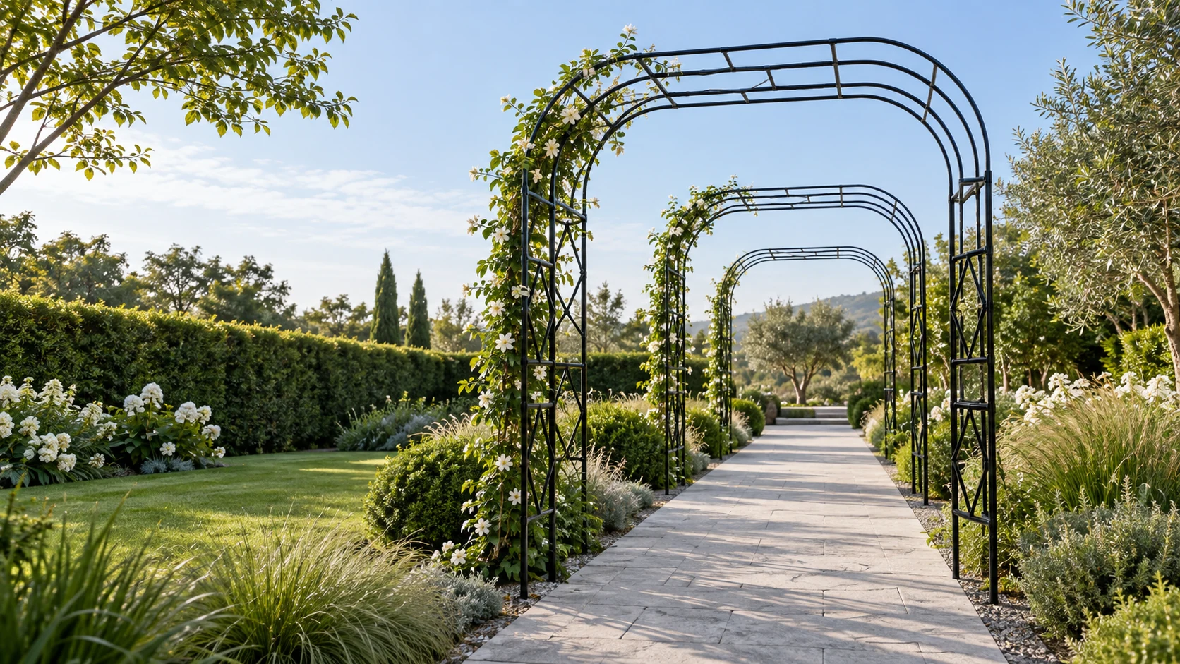 Garden arches along a sunlit path, illustrative scene