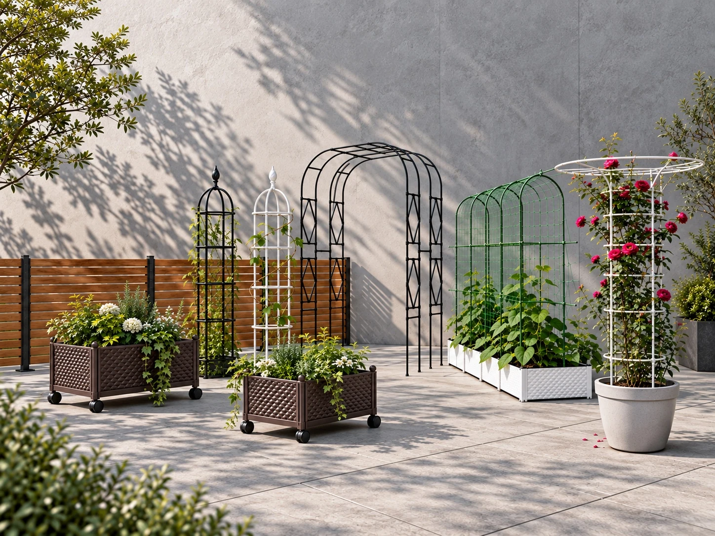Garden product collection in an illustrative courtyard setting