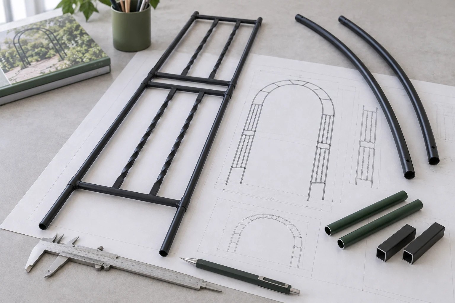 Illustrative YZZ Garden arch development with twisted side panels, plastic-coated steel tubes and square tube samples