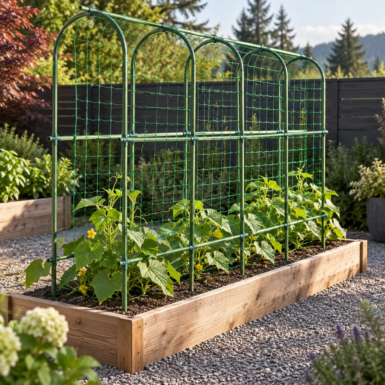 Cucumber vine trellis in a garden setting
