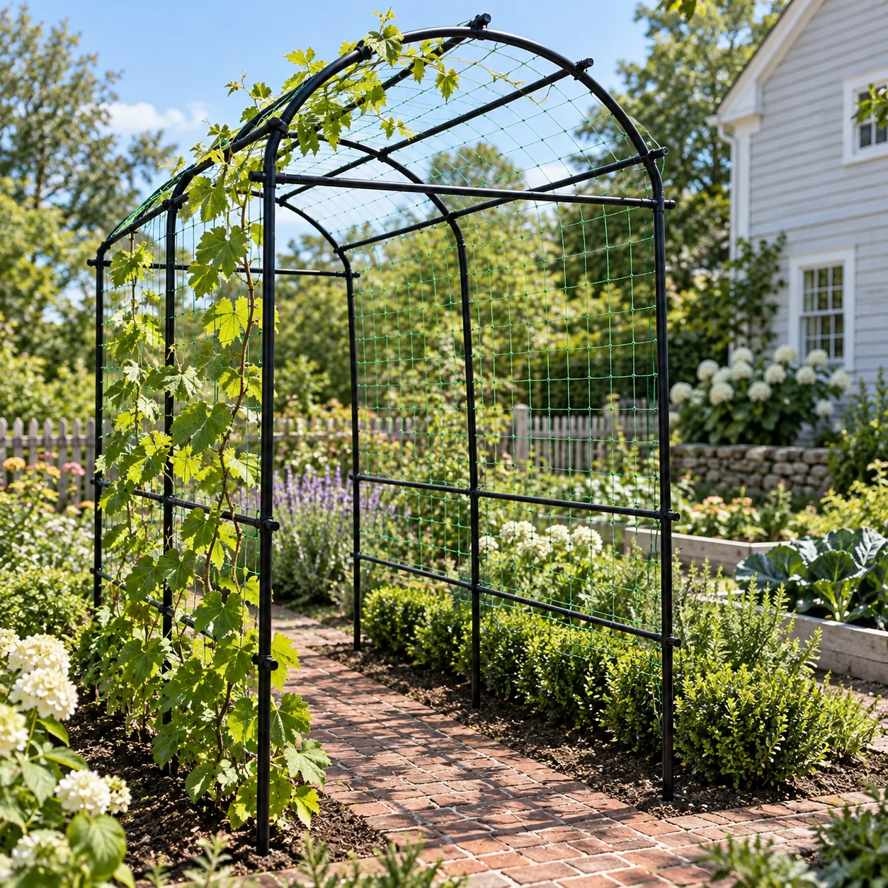 Grapevine trellis in a garden setting