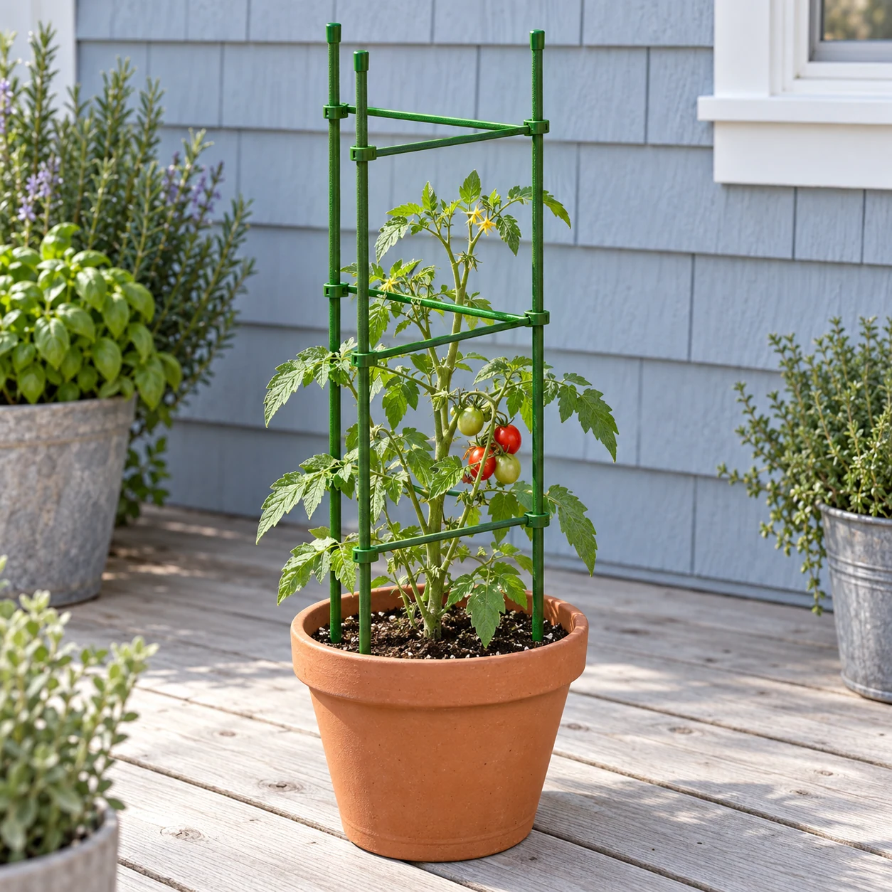 Tomato plant support in a garden setting