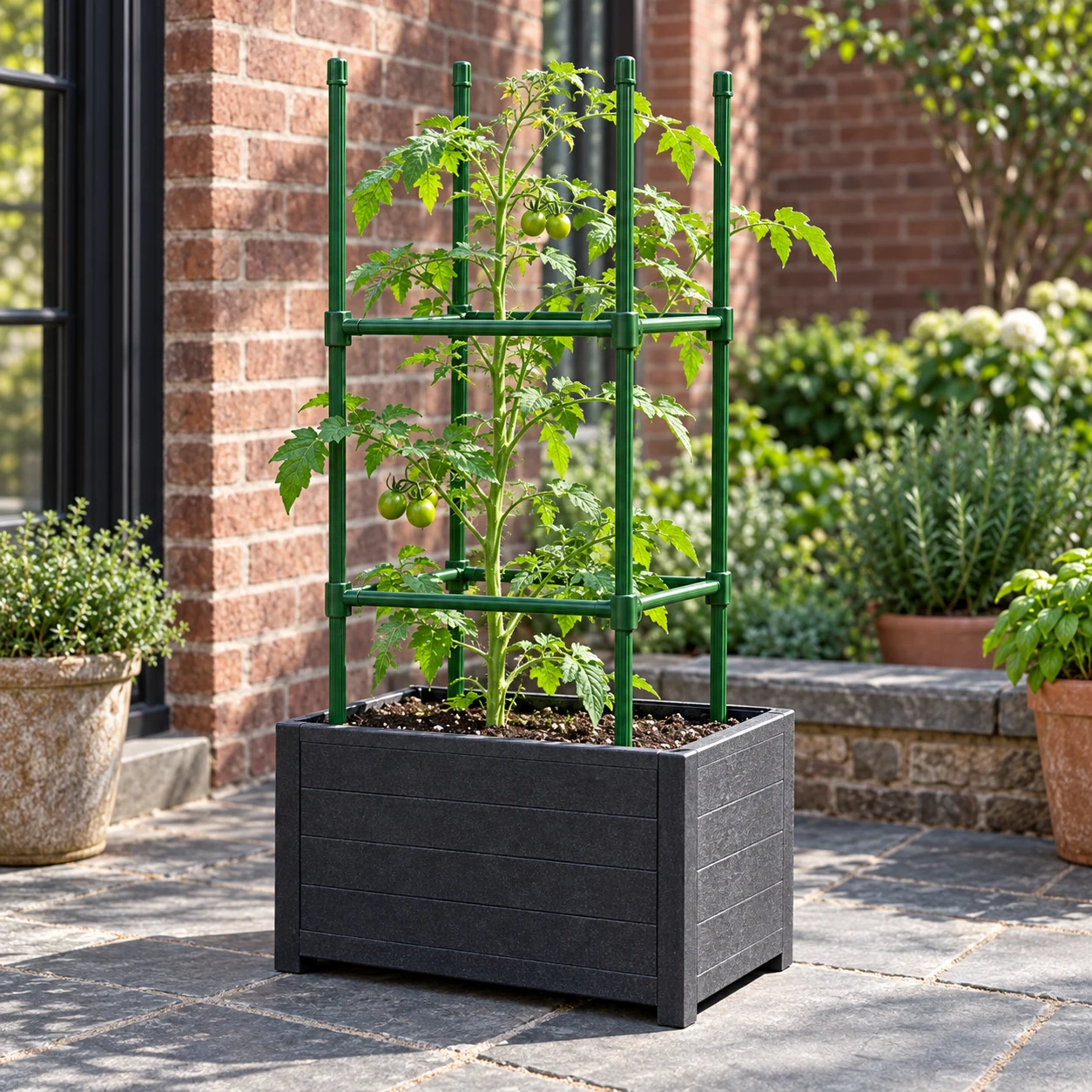 Four-sided tomato stand in a garden setting