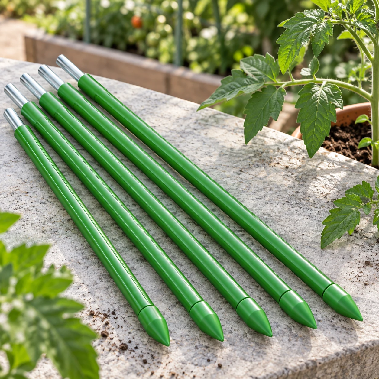Plastic-coated steel pipe in a garden setting