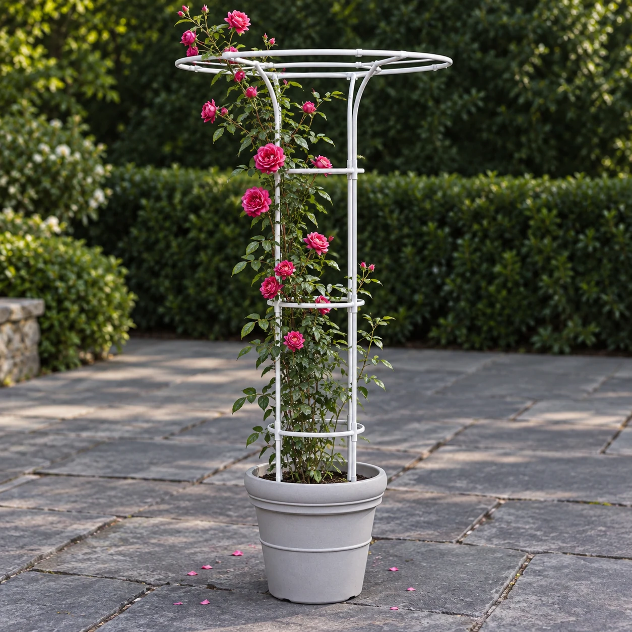Double-circle umbrella-shaped flower stand in a garden setting