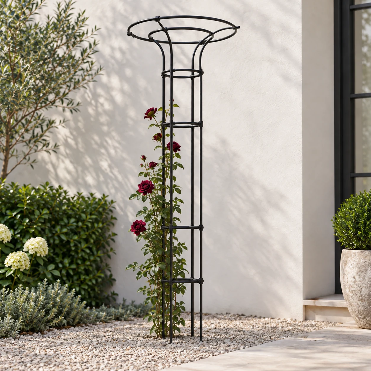Bold umbrella-shaped flower stand in a garden setting