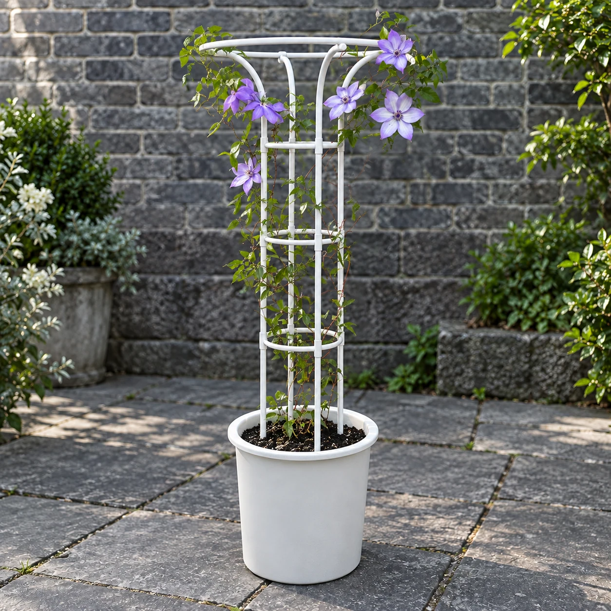 Full-circle umbrella-shaped flower stand in a garden setting