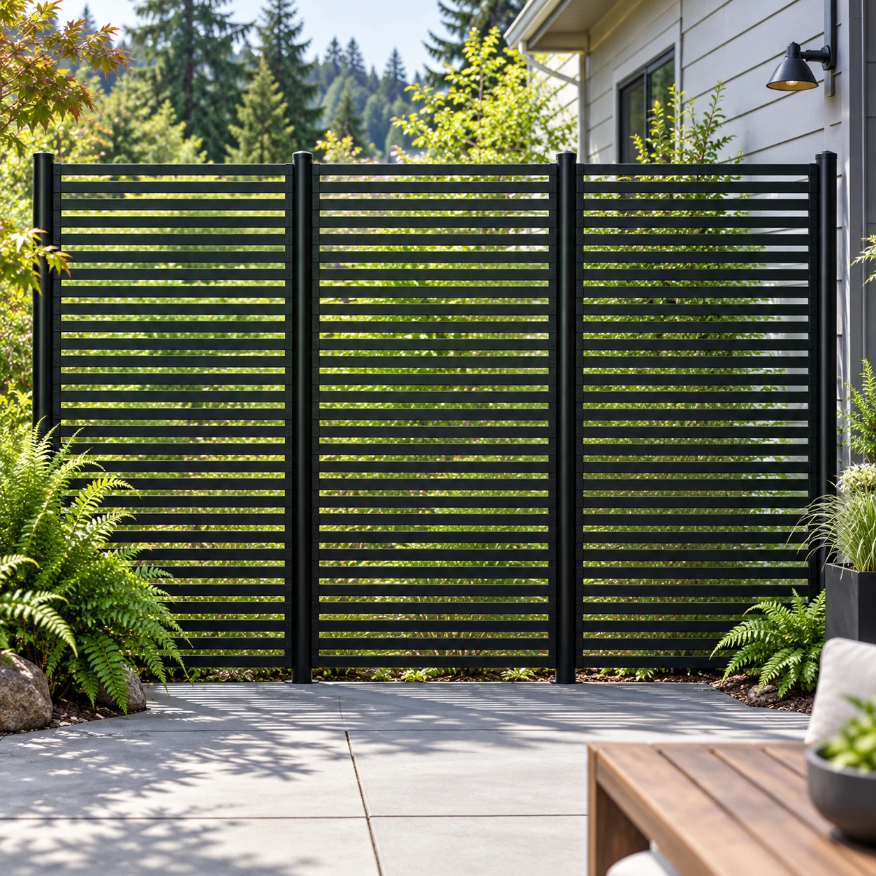 Privacy screen fence in a garden setting
