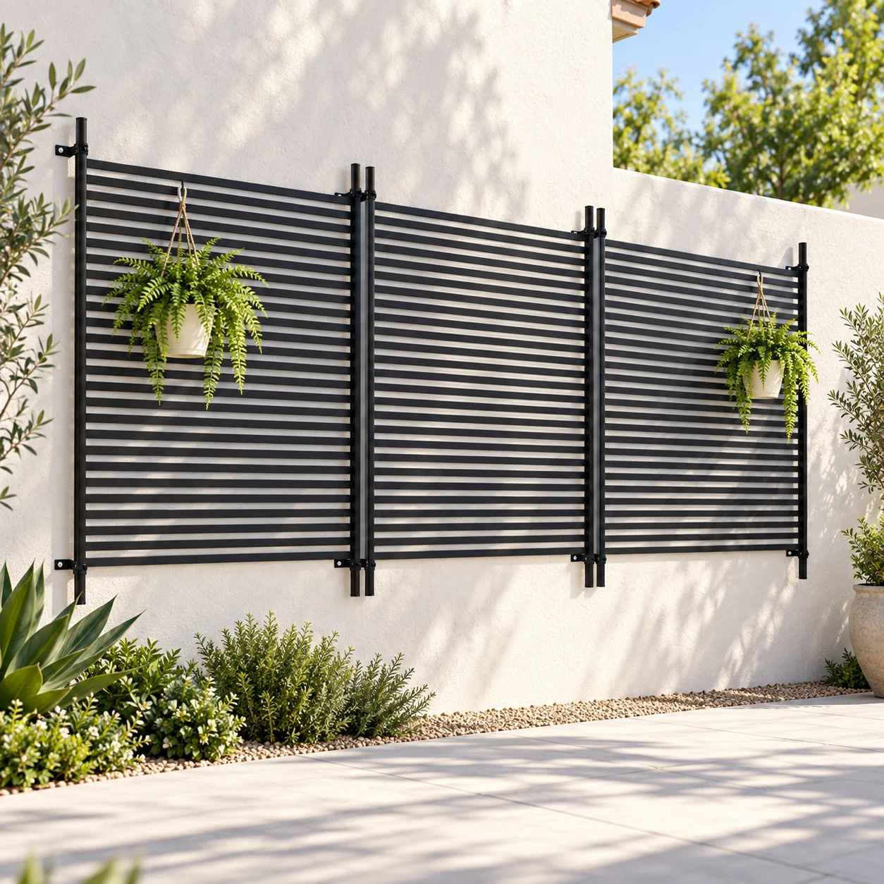 Wall-mounted fence in a garden setting