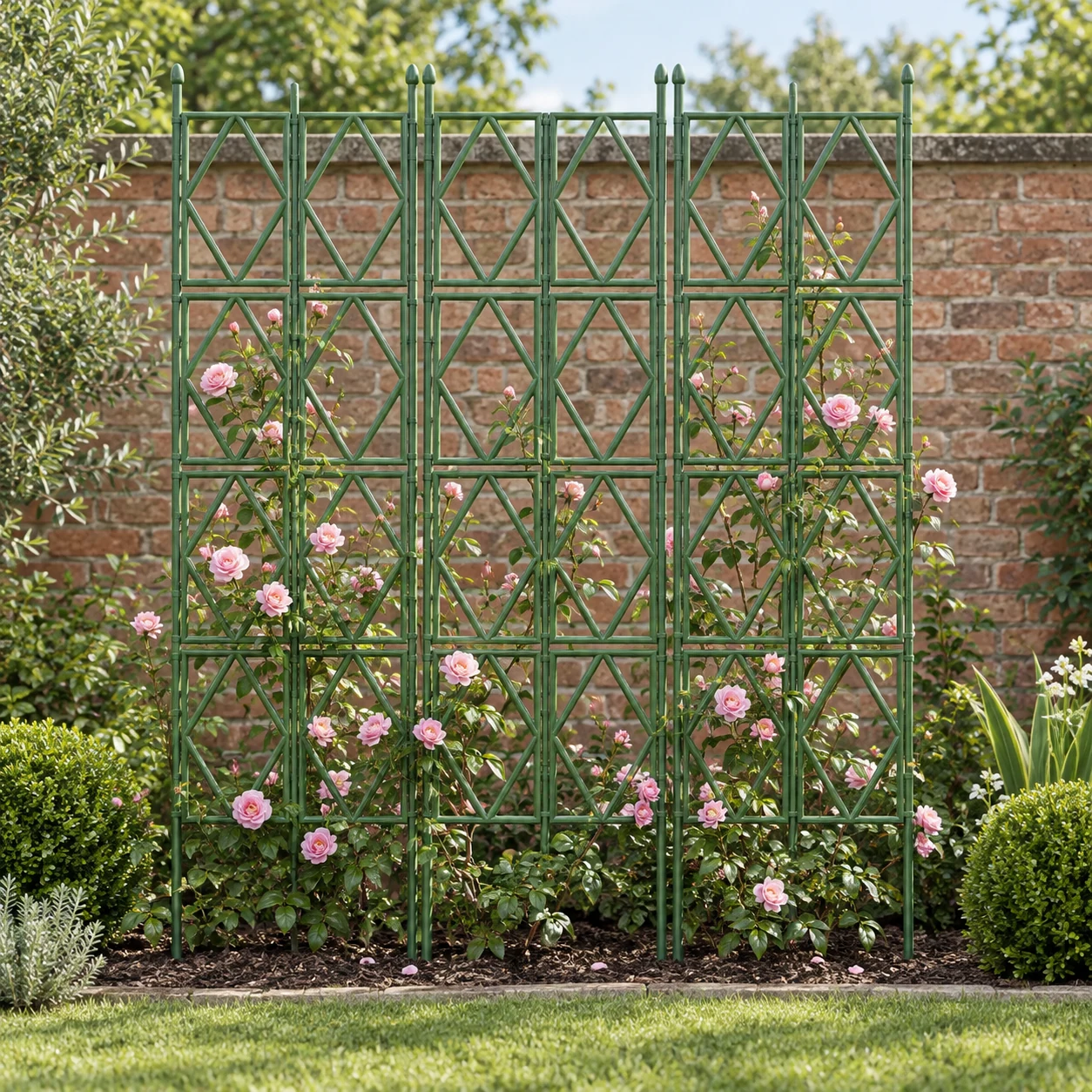 Diamond-shaped fence in a garden setting