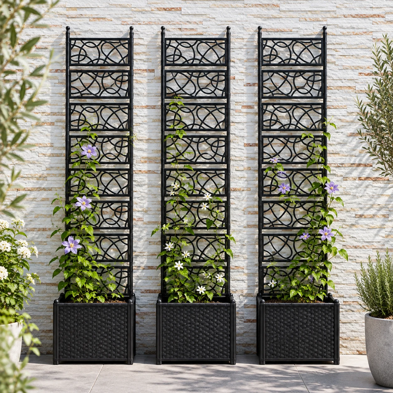 Woven rattan fence in a garden setting