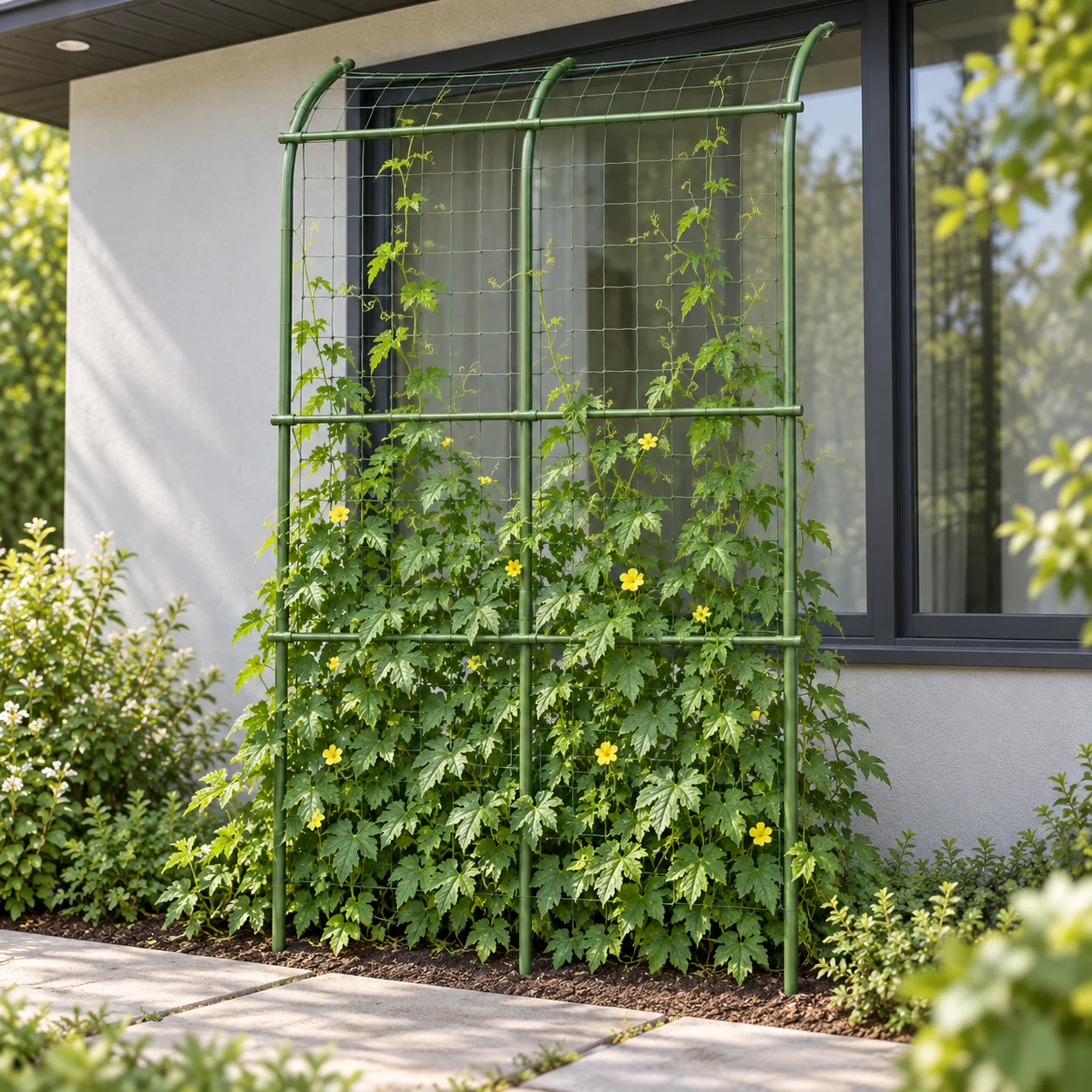 Plant shade frame in a garden setting