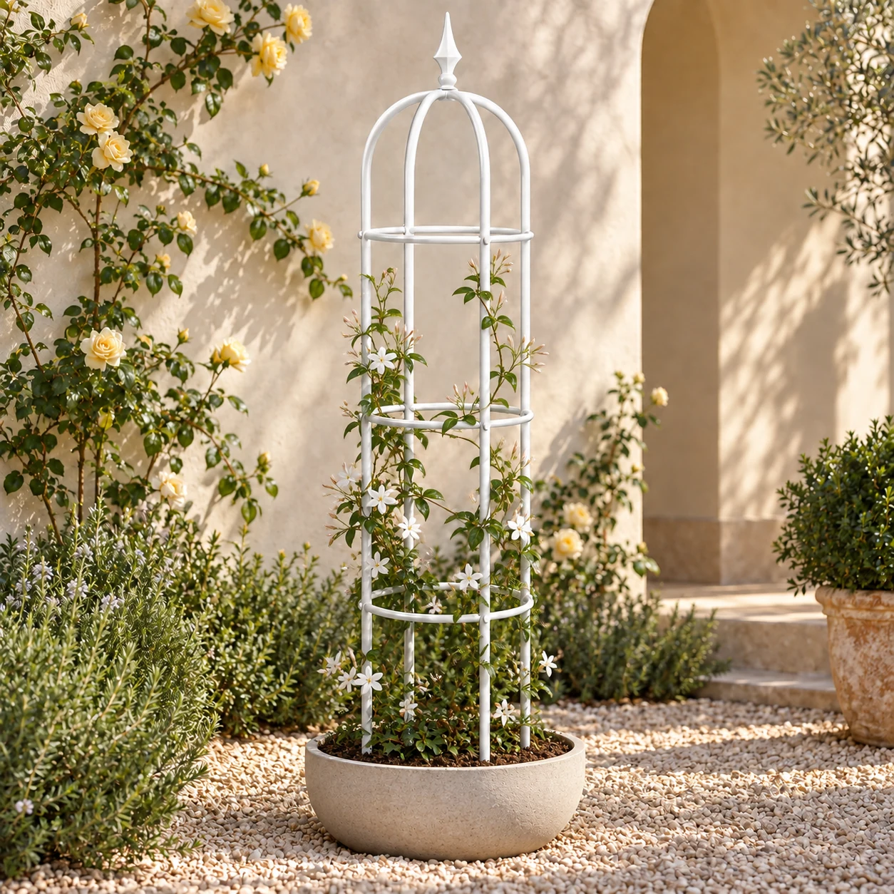 Iron Wisteria Flower Rack in a garden setting