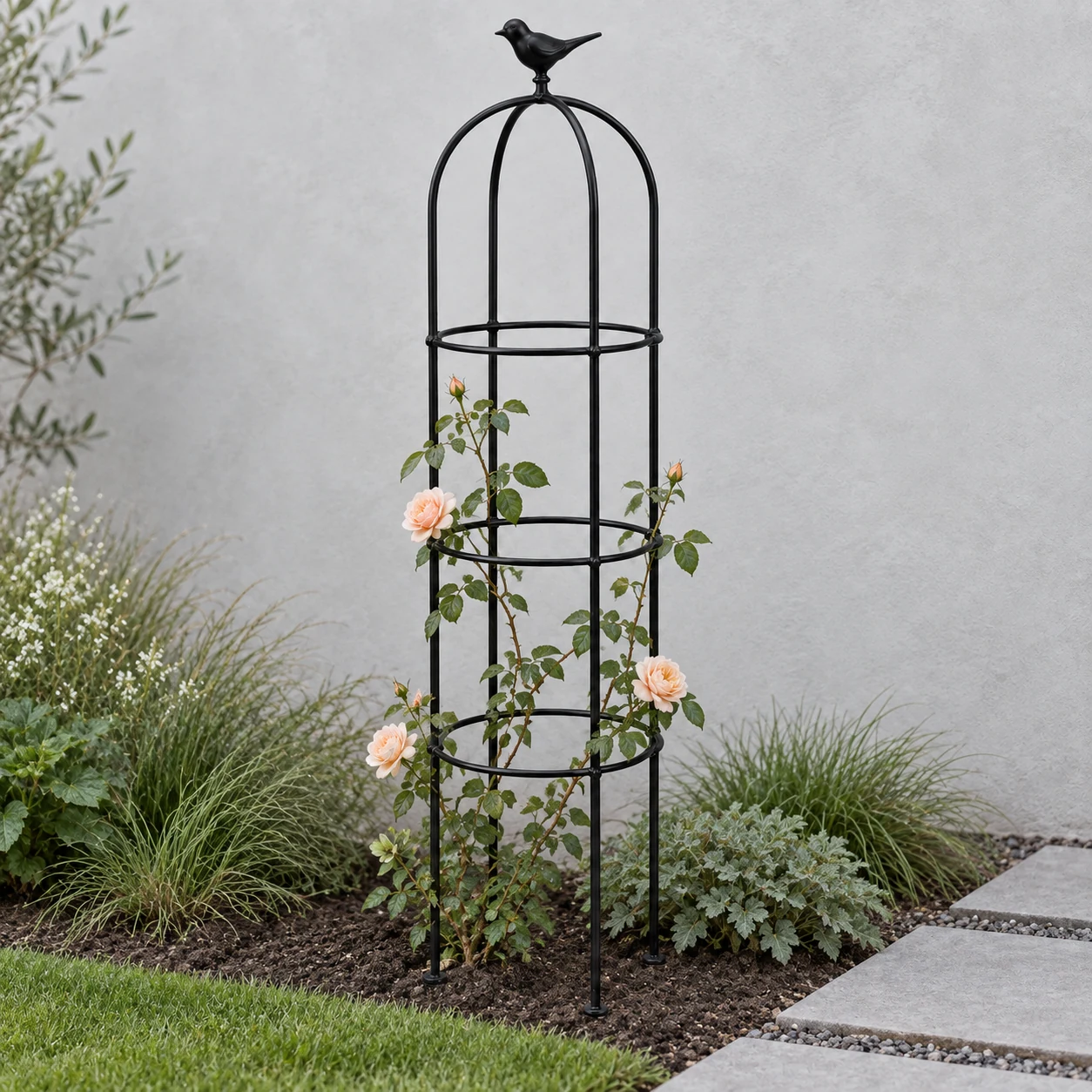 Bird and Rose Flower Rack in a garden setting