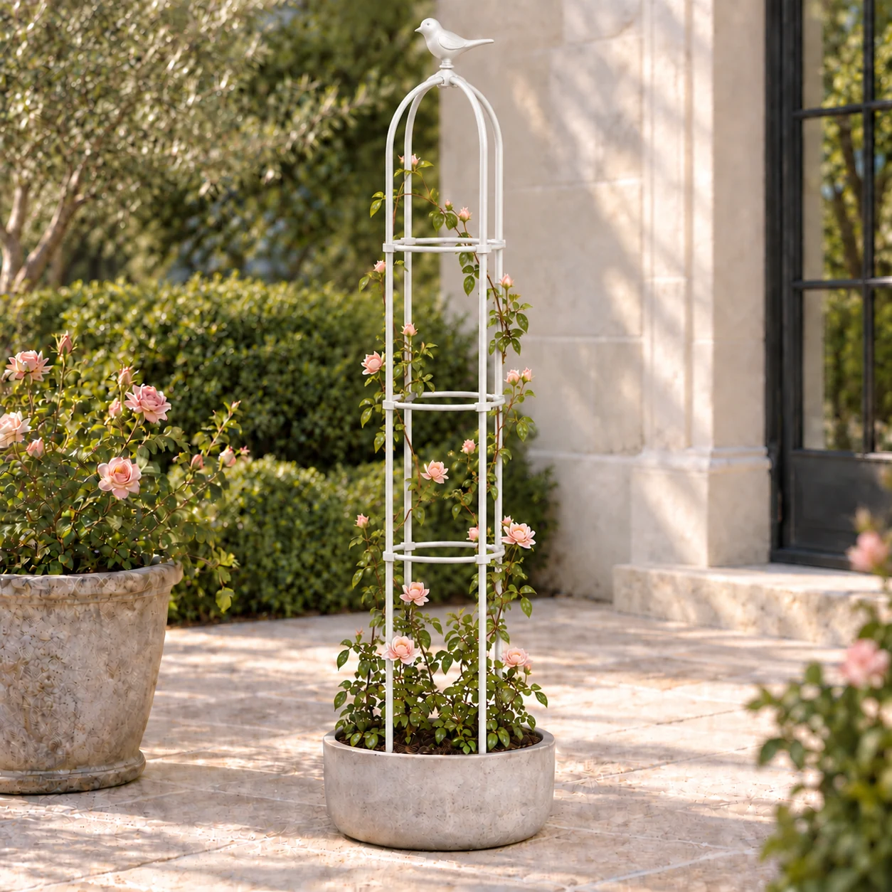 Bird-themed rose flower shelf in a garden setting