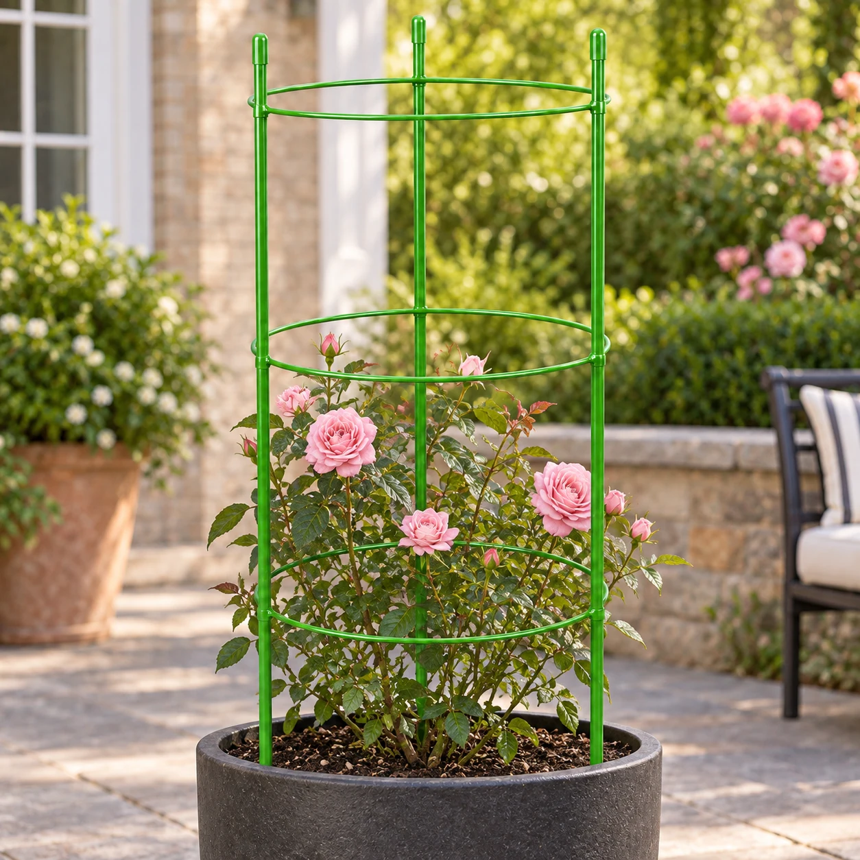 Iron ring pillar in a garden setting