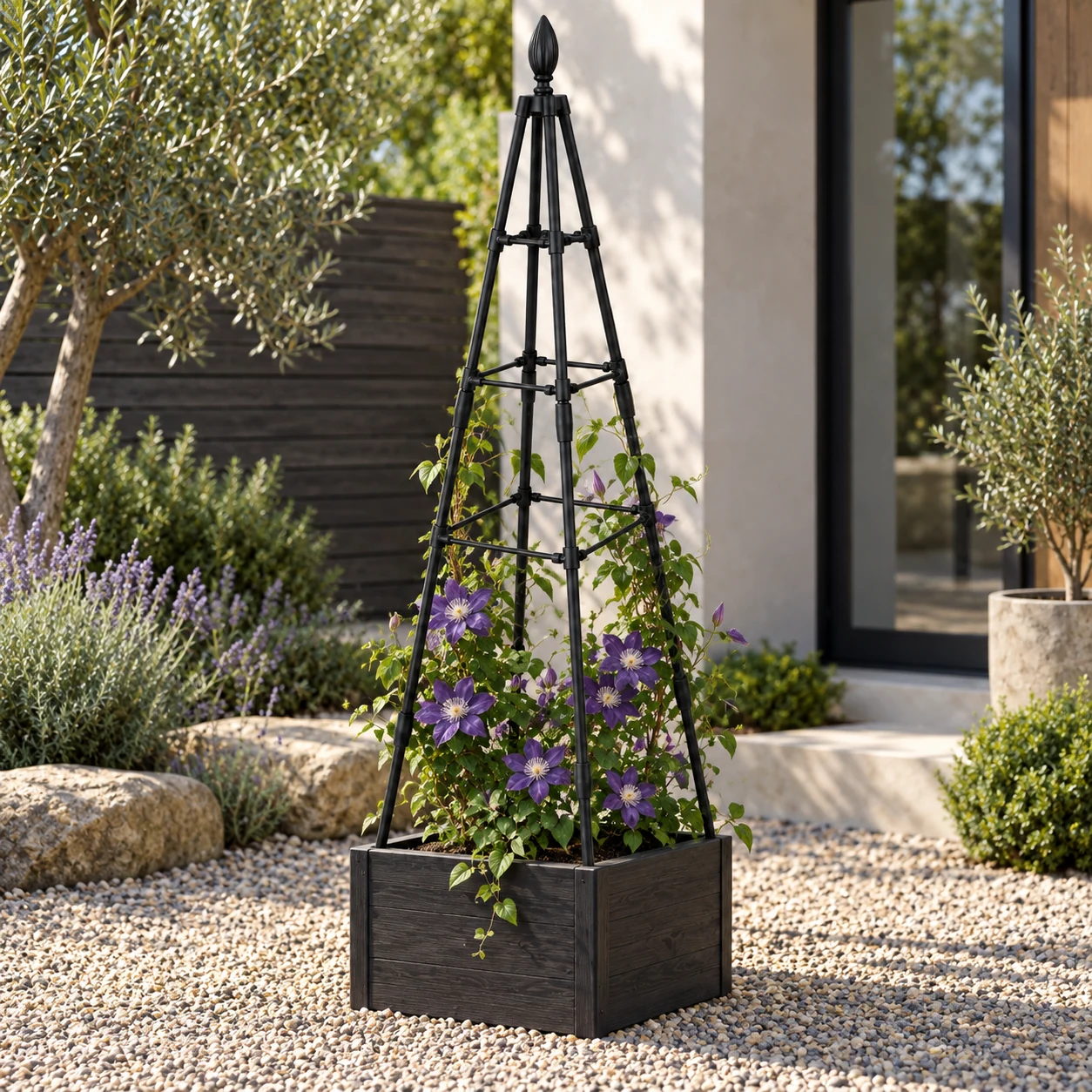 Upgraded four-legged flower tower in a garden setting