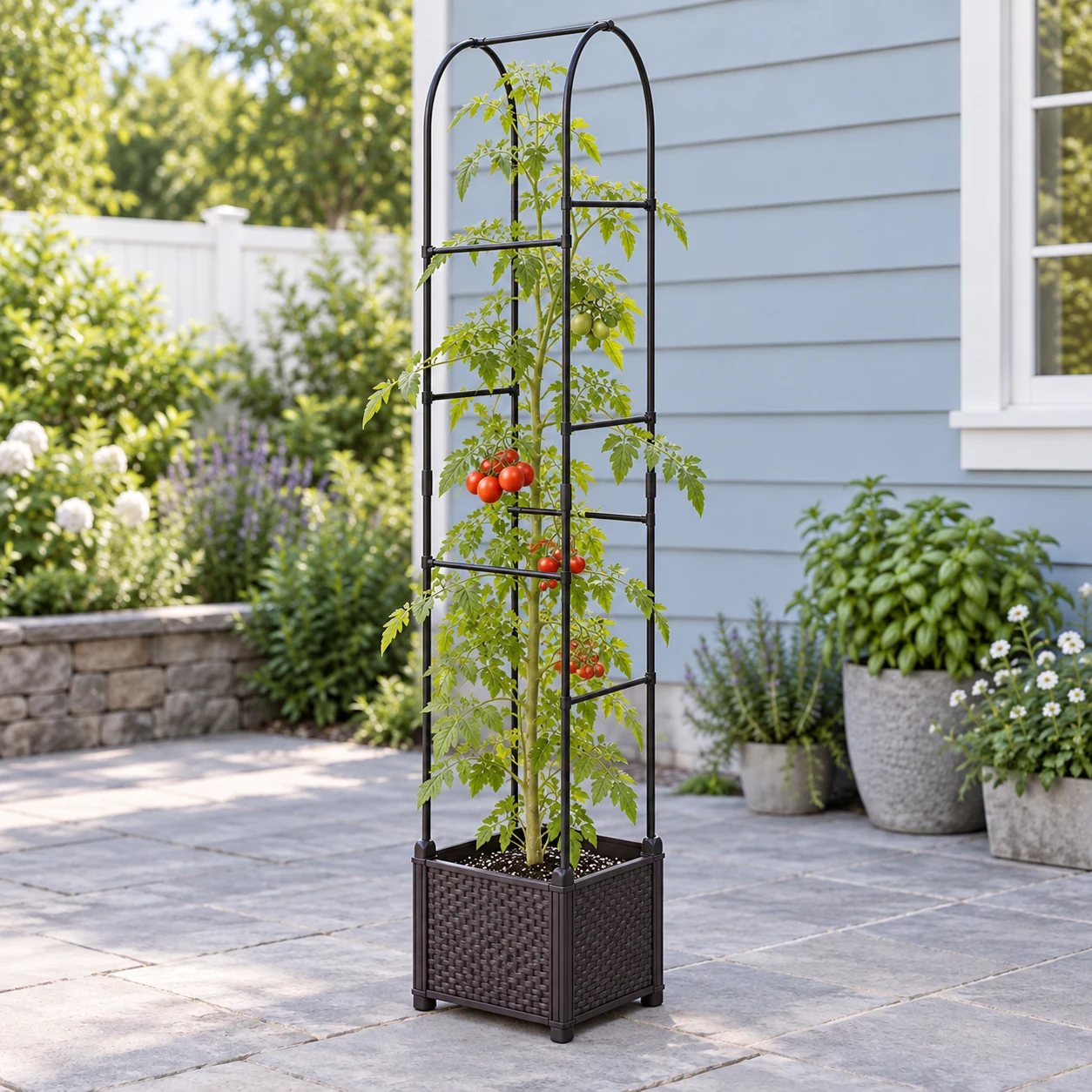 Curved arch planting set in a garden setting