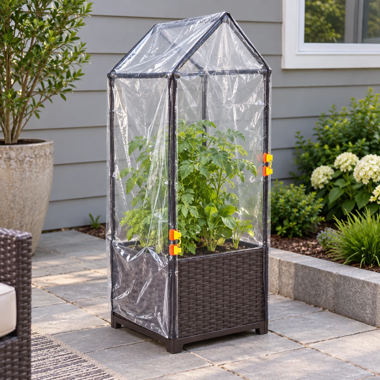 Spire insulation suit in a garden setting