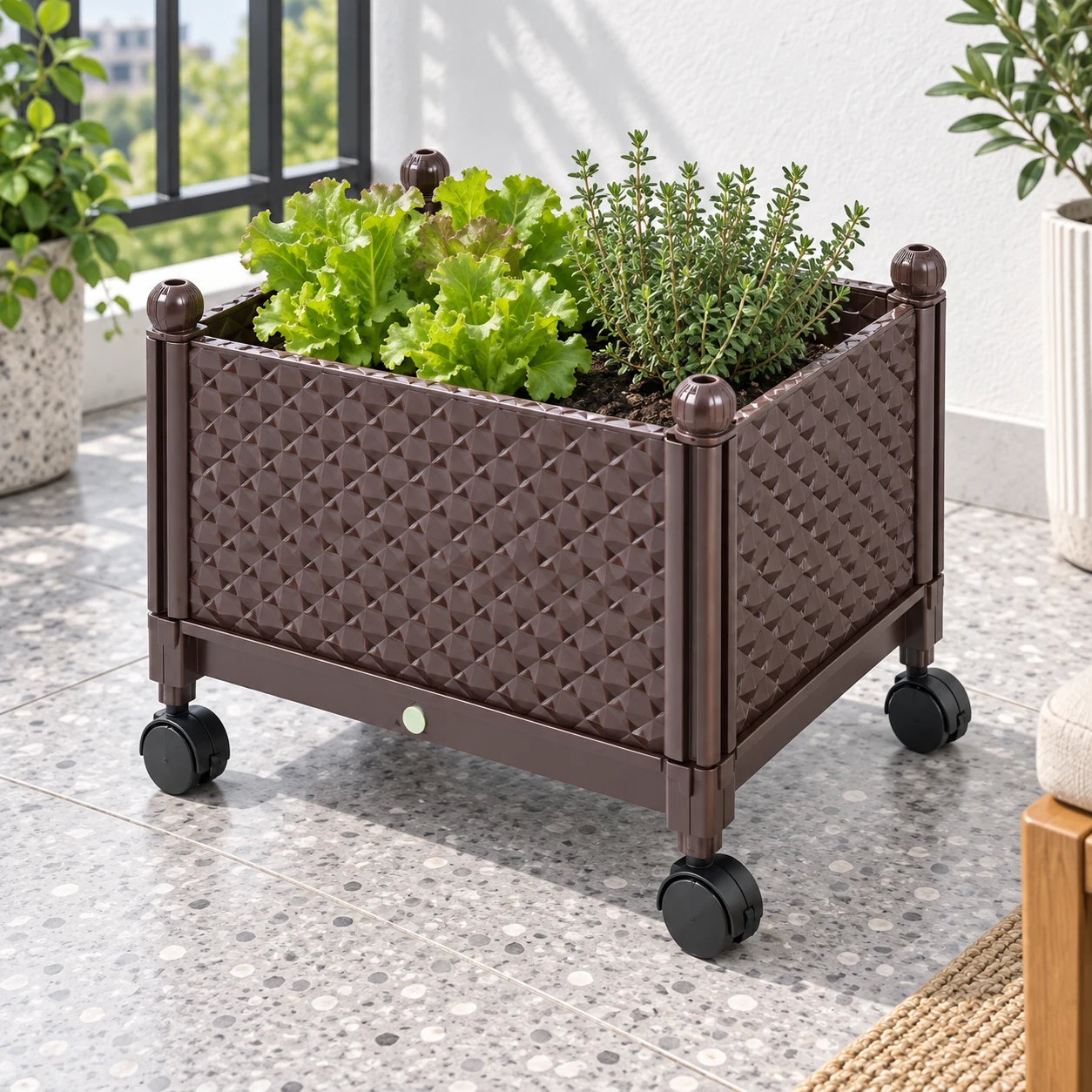 Diamond-shaped planting box in a garden setting