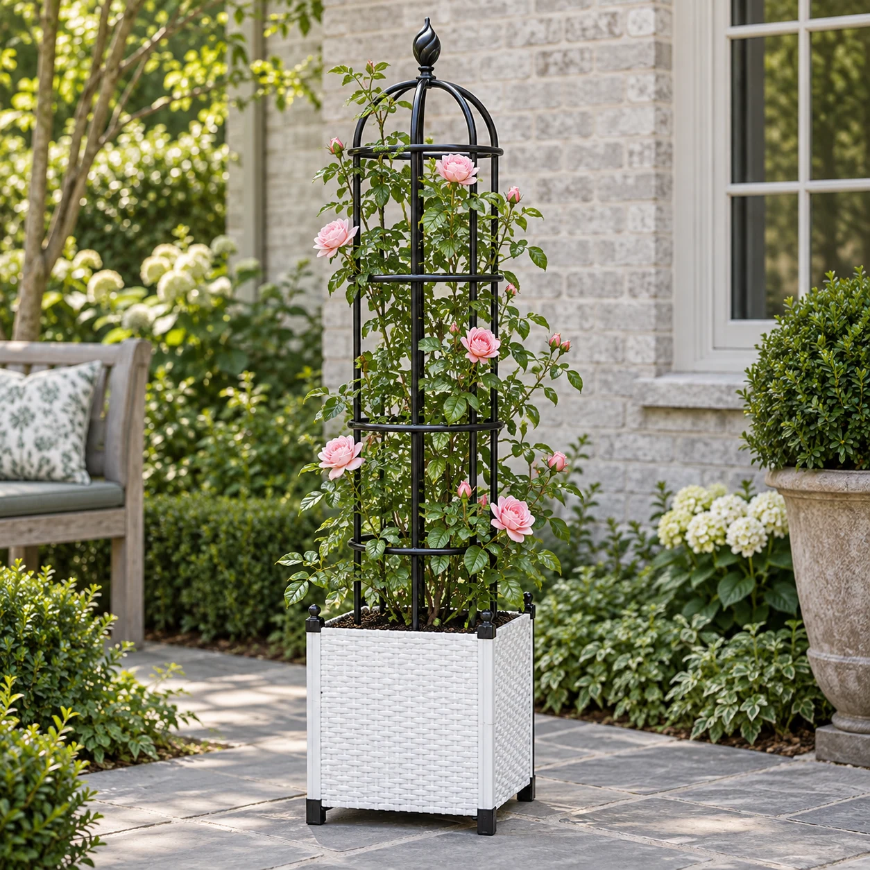 Planting box and flower stand set in a garden setting