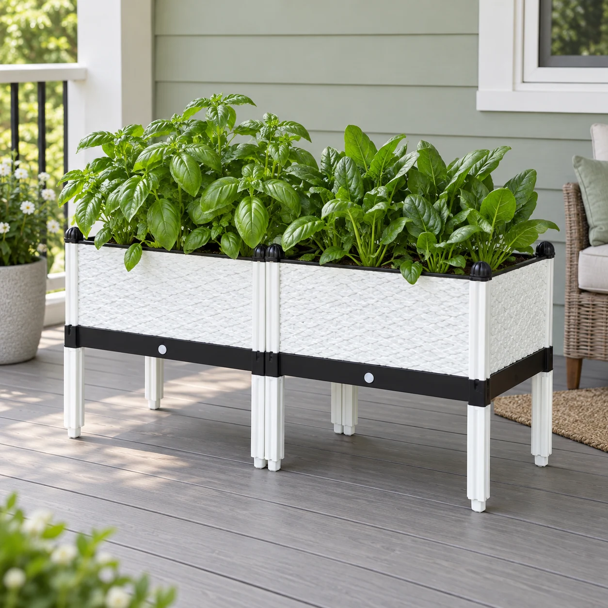 Creative combination of planting boxes in a garden setting