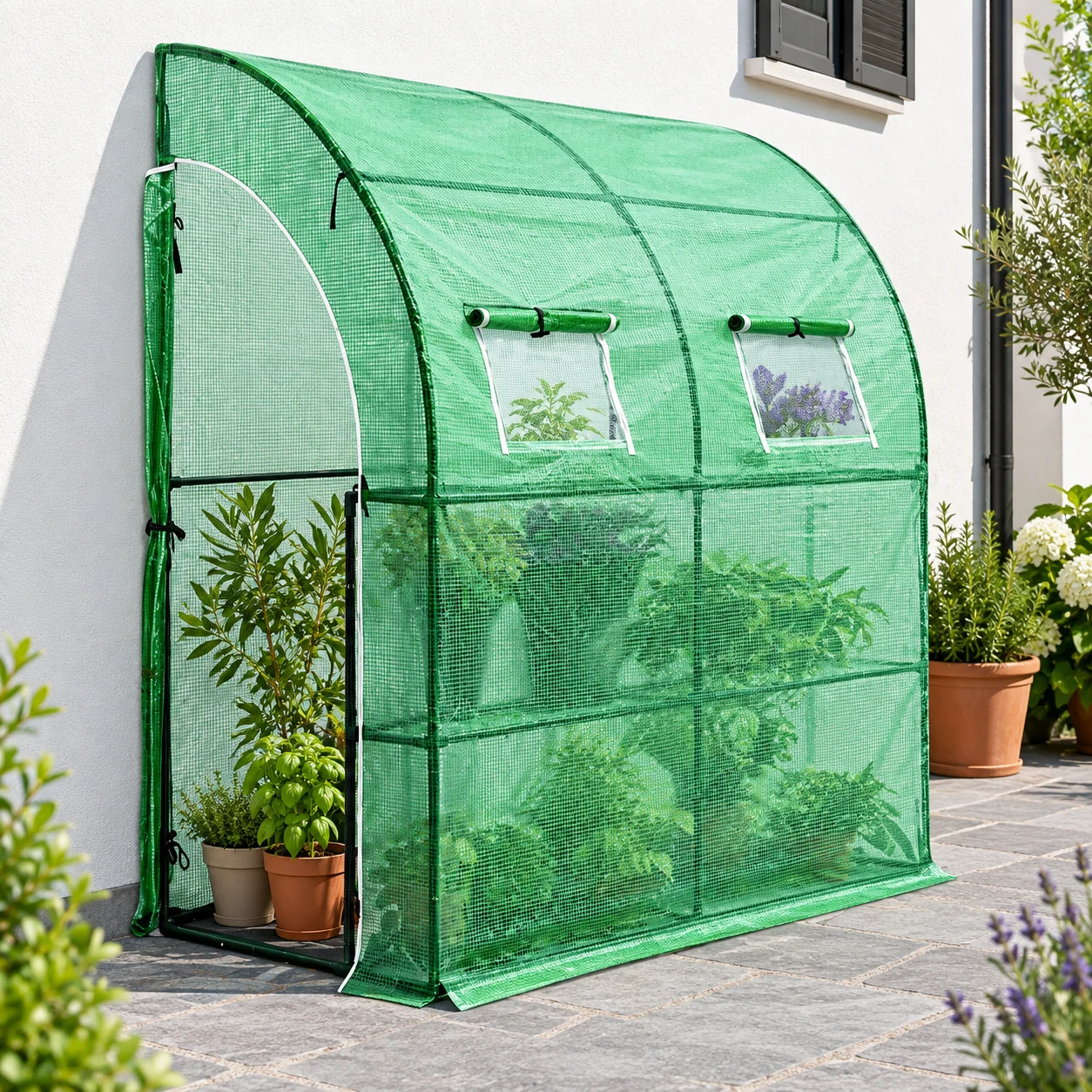 Wall-warmed shed in a garden setting
