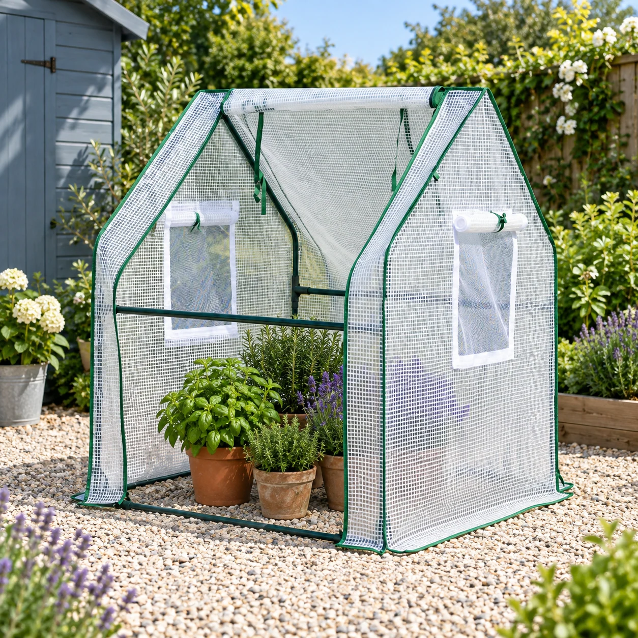 Sharp-top Insulated Shelter in a garden setting