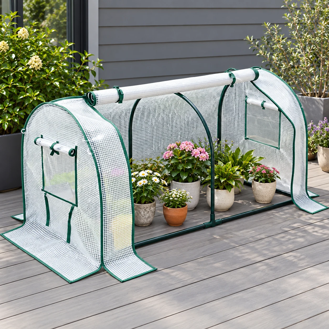 Arc-shaped insulation shed in a garden setting