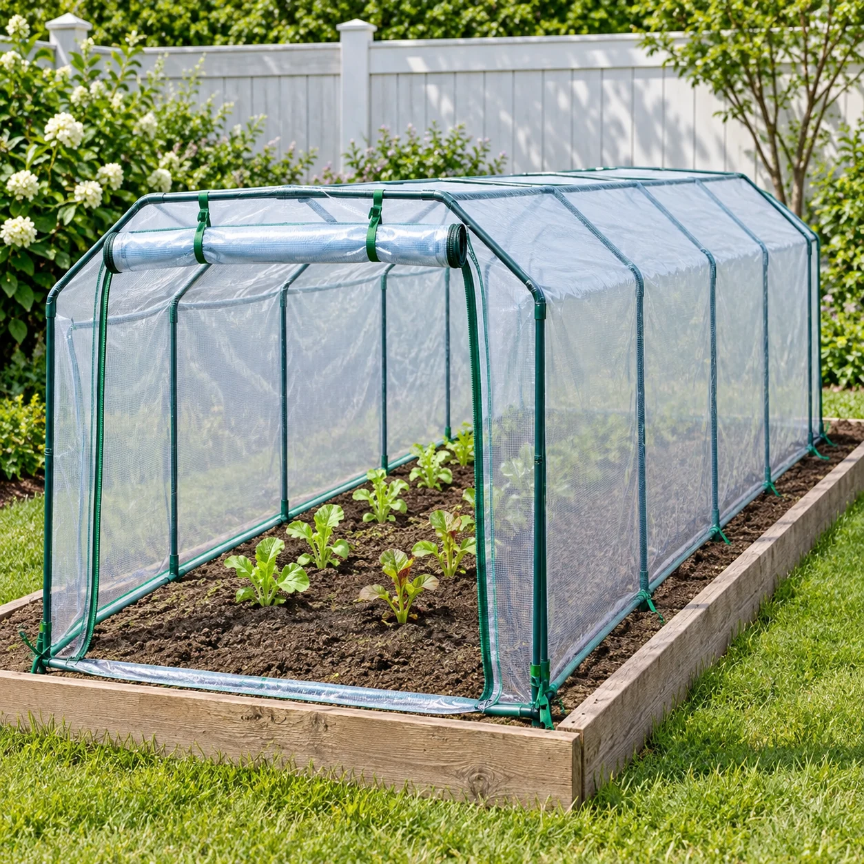 Trapezoidal insulated shed in a garden setting