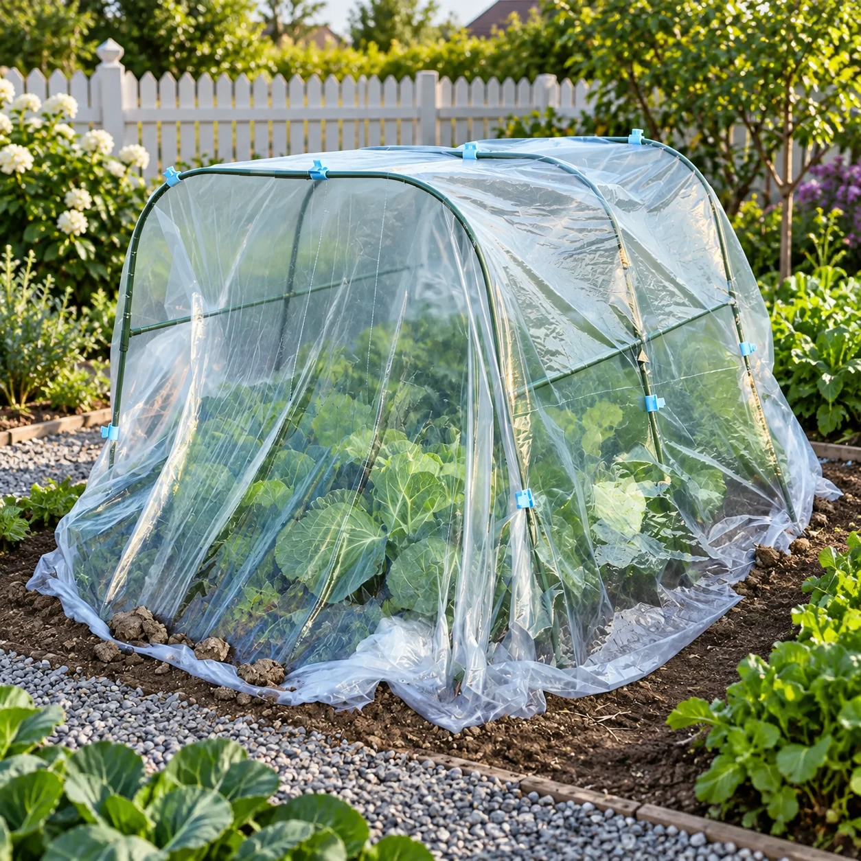 Vegetable field insulation shed in a garden setting
