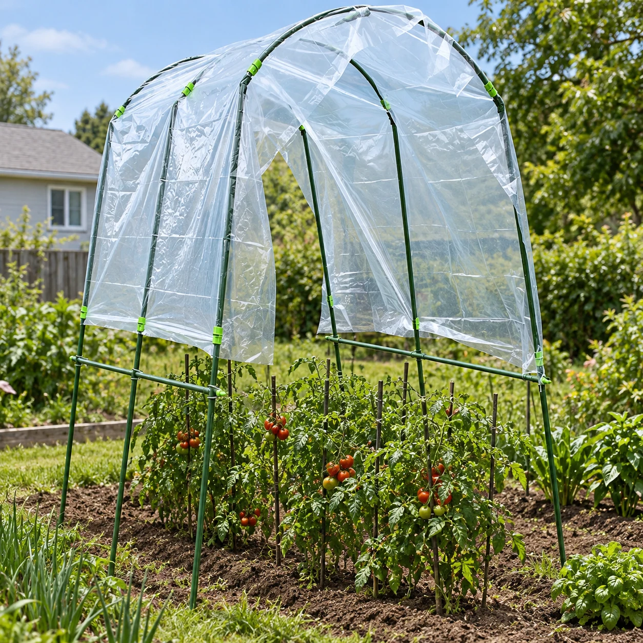 Large rain shelter in a garden setting