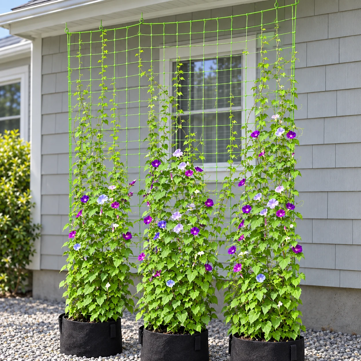 Climbing vine net in a garden setting