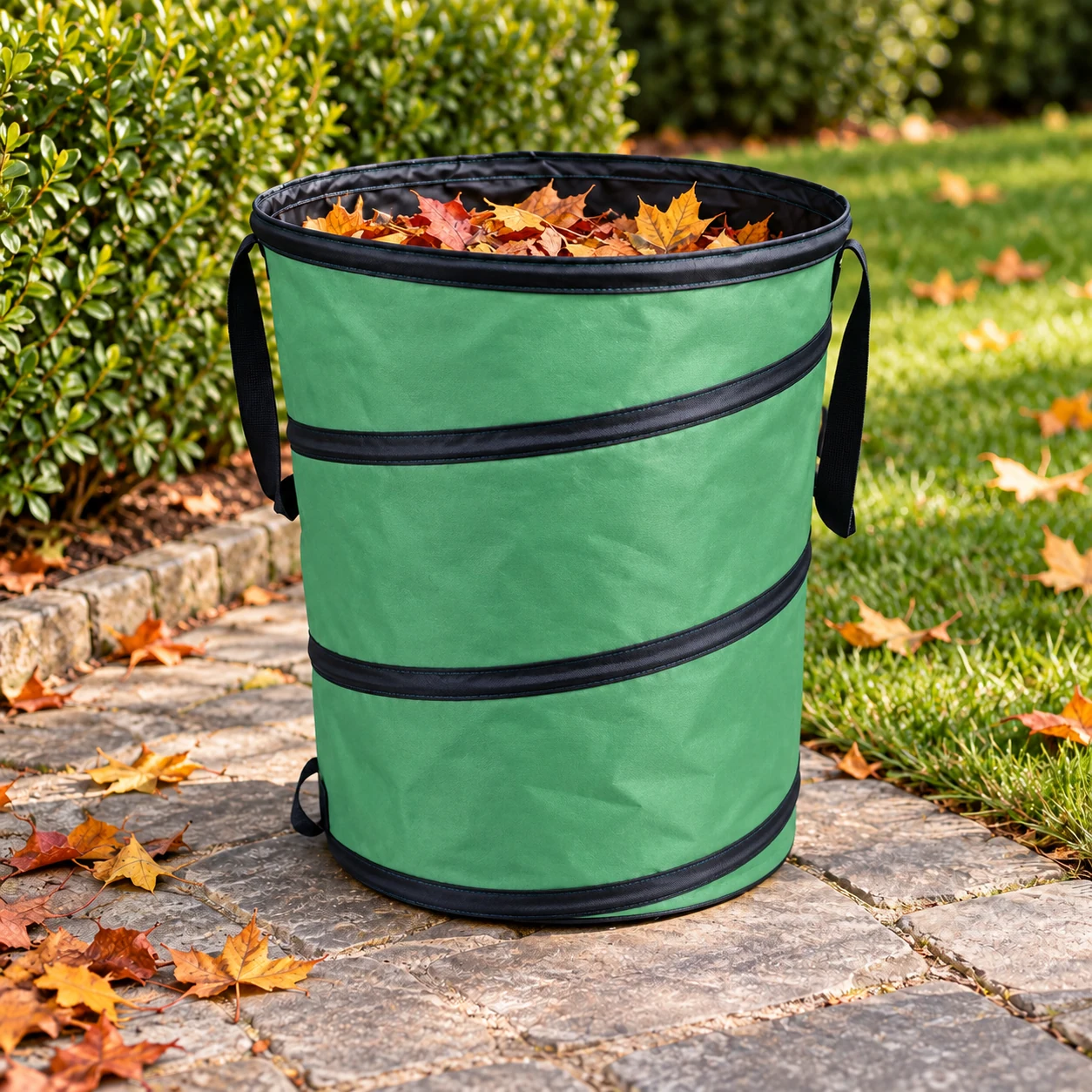 Leaf bin in a garden setting