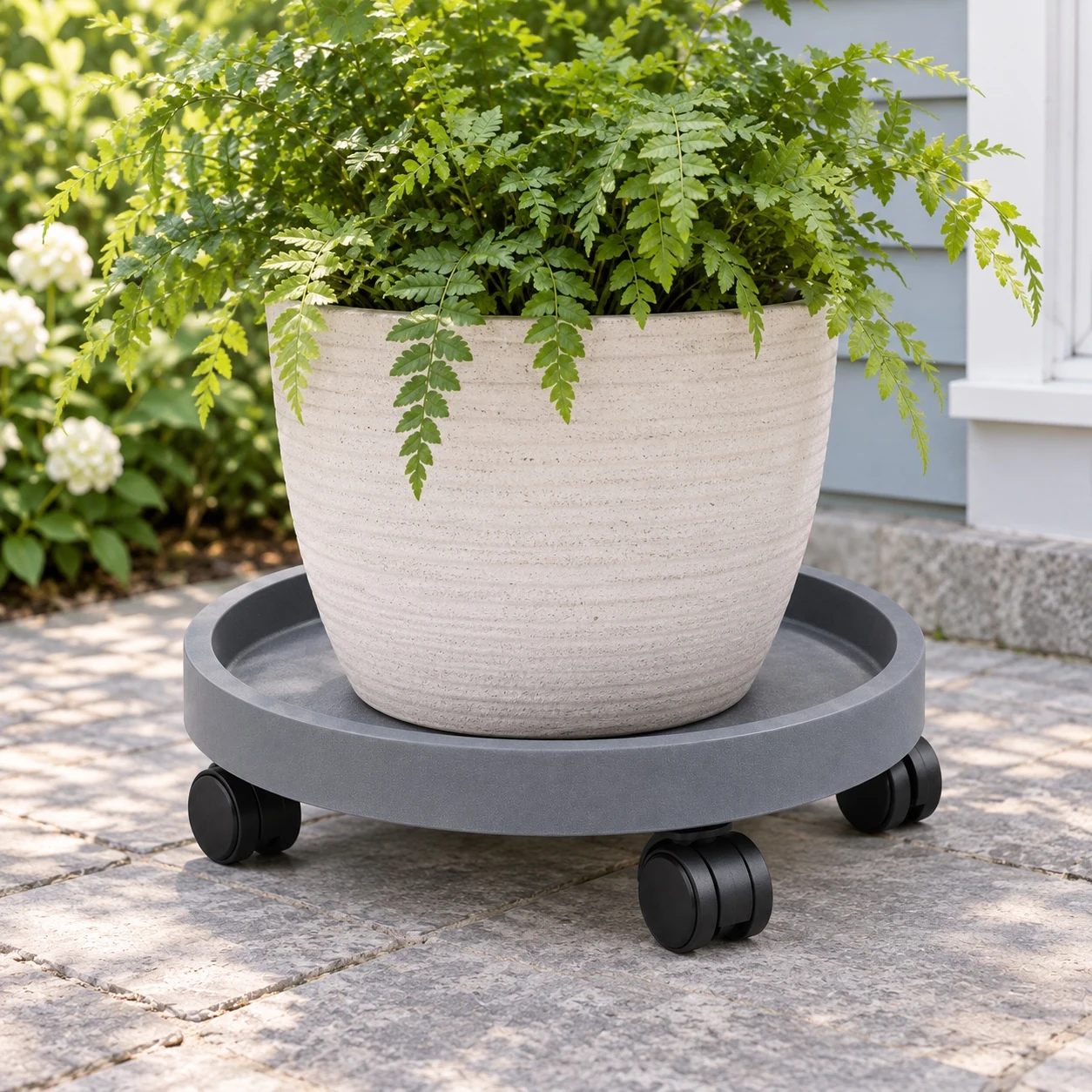Reinforced Round Plant Caddy in a garden setting