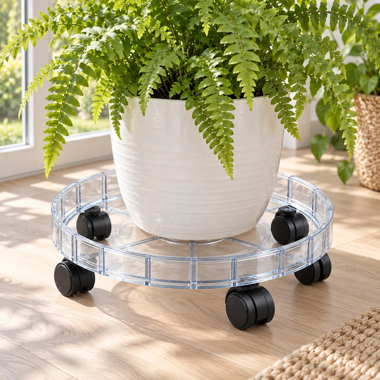 Ruyi Clear Plant Caddy in a garden setting