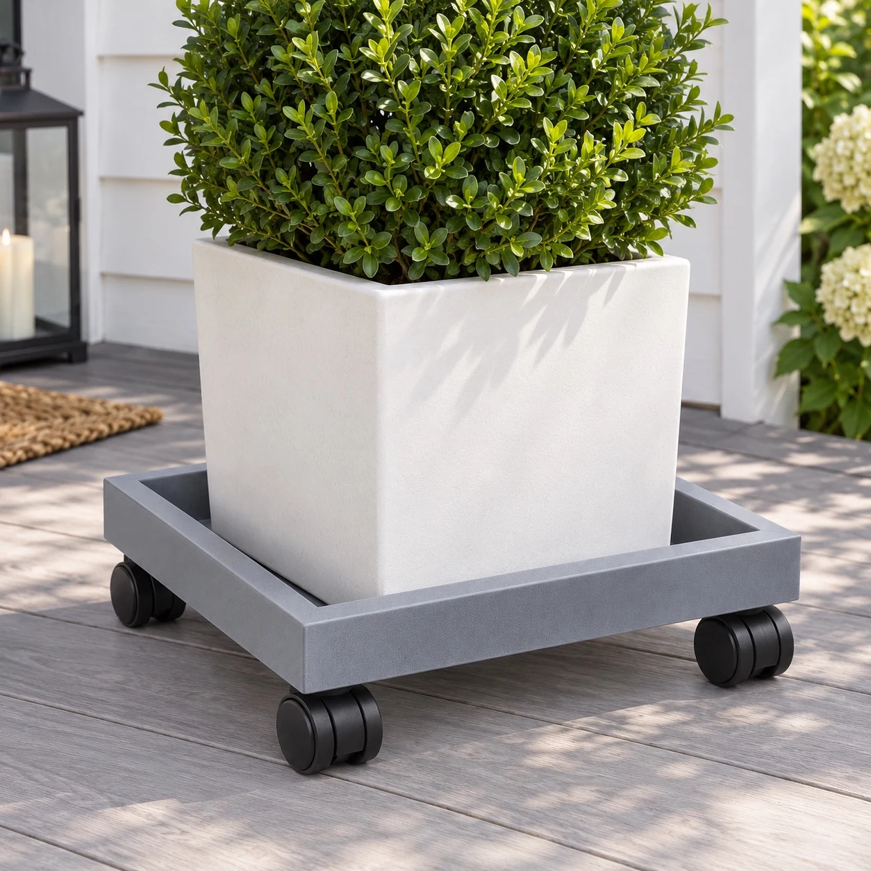 Reinforced Square Plant Caddy in a garden setting