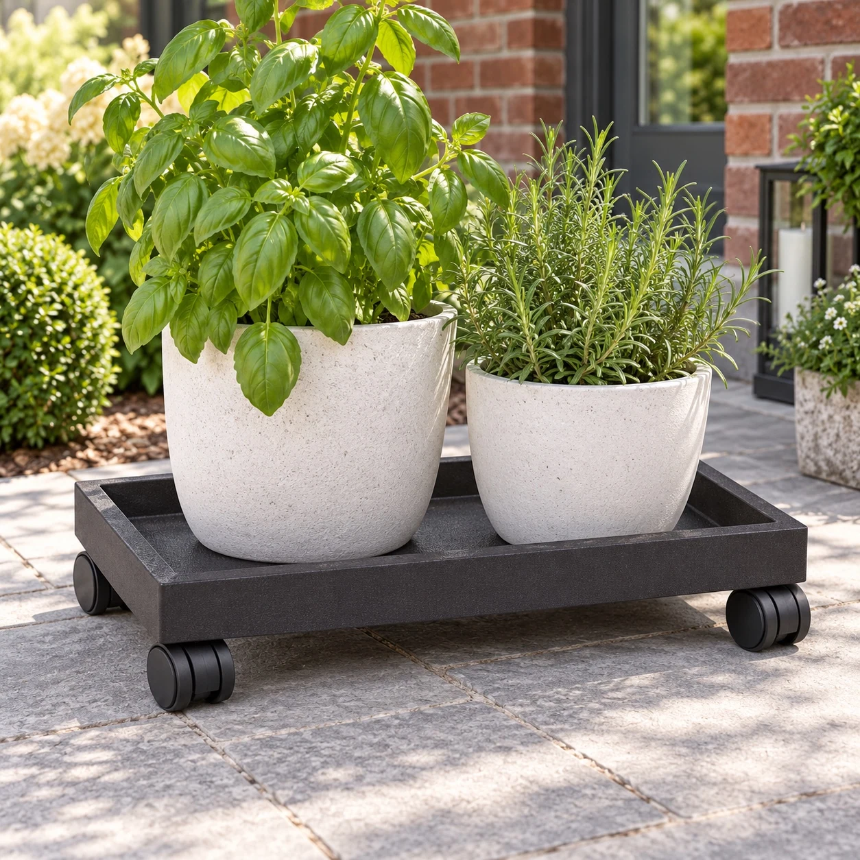 Reinforced Rectangular Plant Caddy in a garden setting