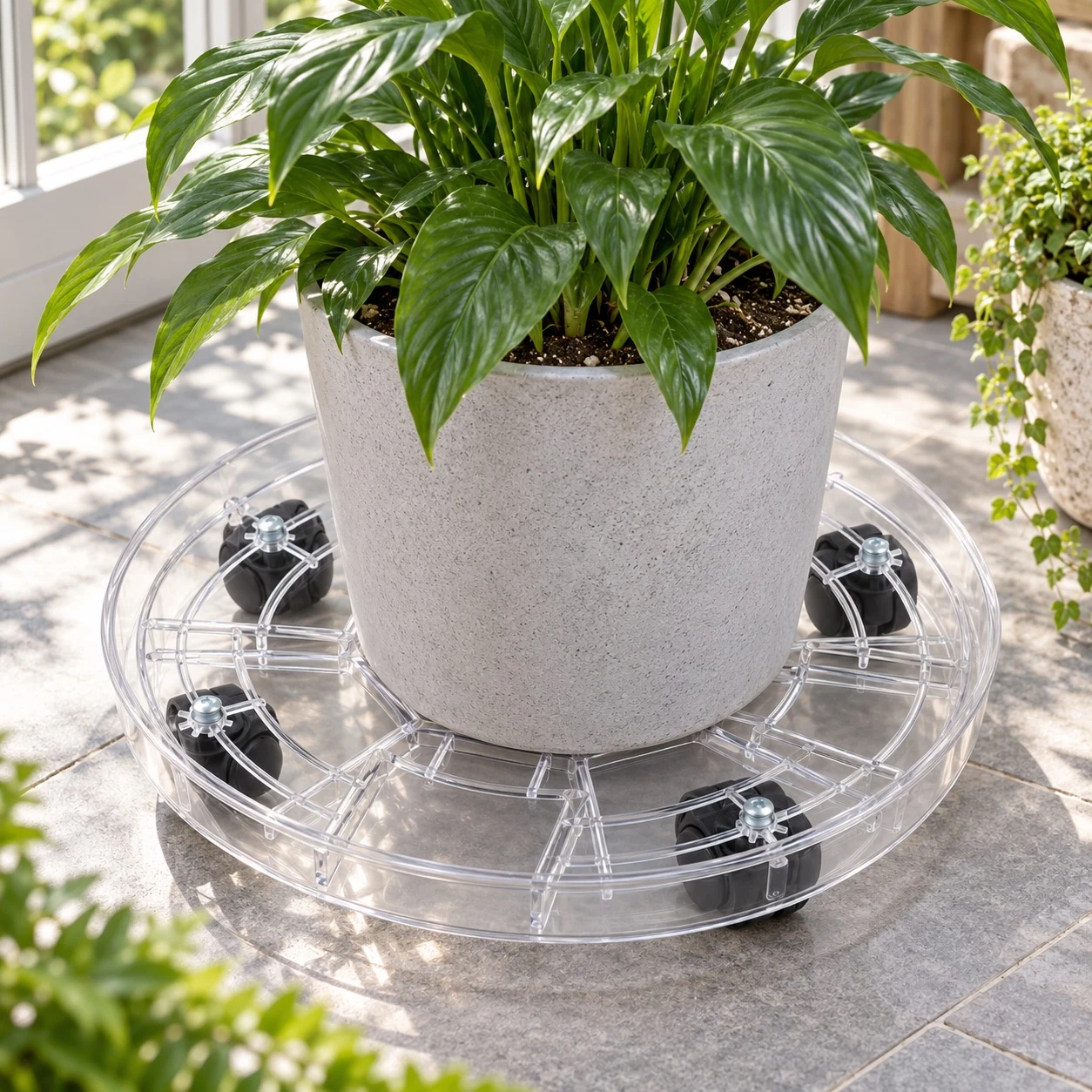 Reinforced Clear Plant Caddy in a garden setting