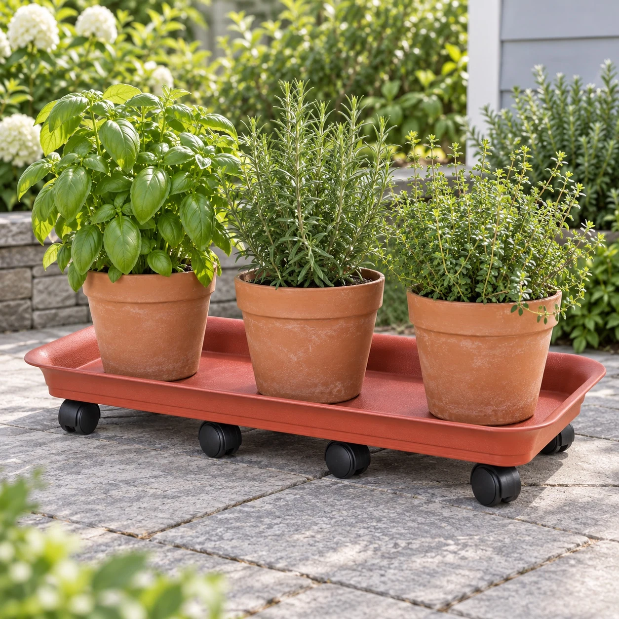 Long Rectangular Plant Caddy in a garden setting