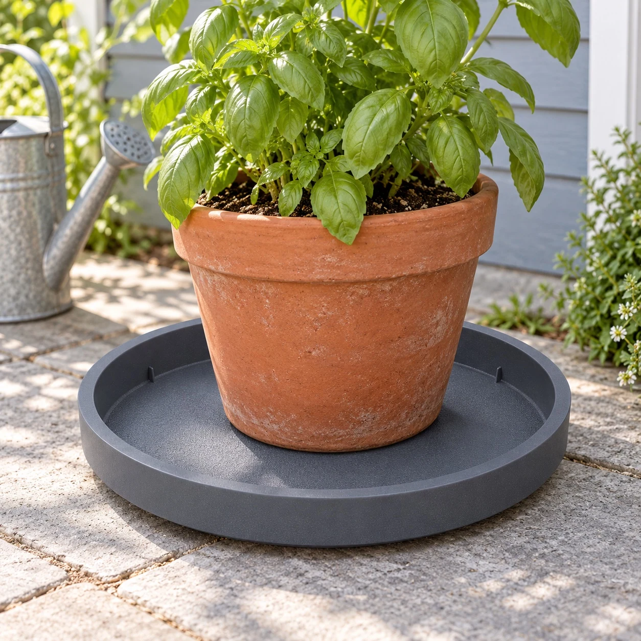 Insulating Round Plant Saucer in a garden setting
