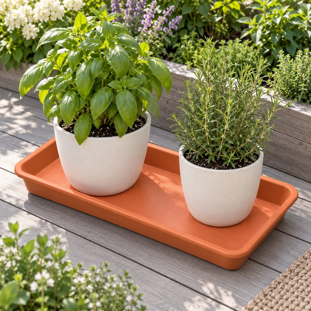 Rectangular Plant Saucer in a garden setting